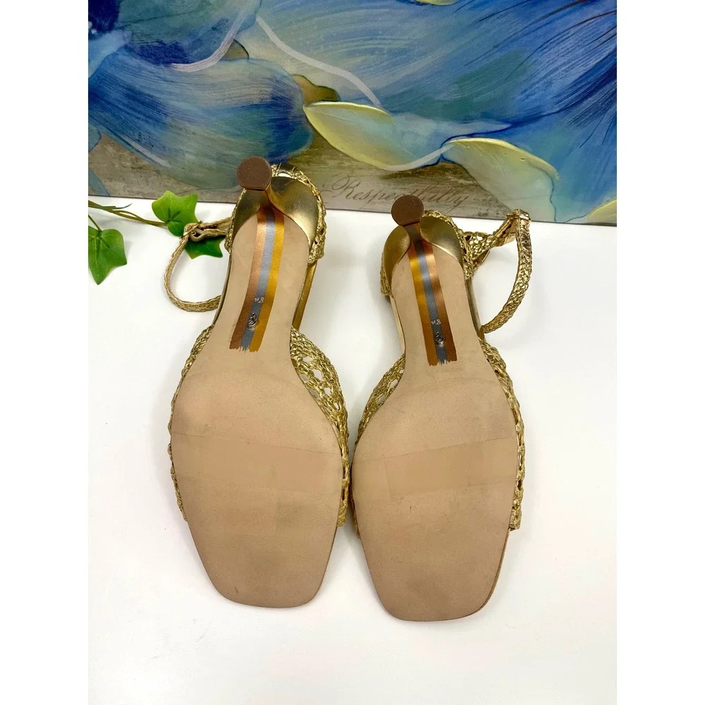 New Sam Edelman Gold Woven Kitten Heels Metallic Strappy Square Toe Sandals 8.5